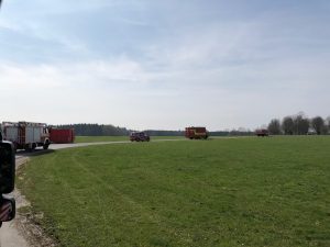 Feuerwehrfahrzeuge auf einer Wiese bei sonnigem Wetter im Einsatz. Im Hintergrund sind Bäume und ein Wald sichtbar. Klarer Himmel und ruhige Landschaftsumgebung.